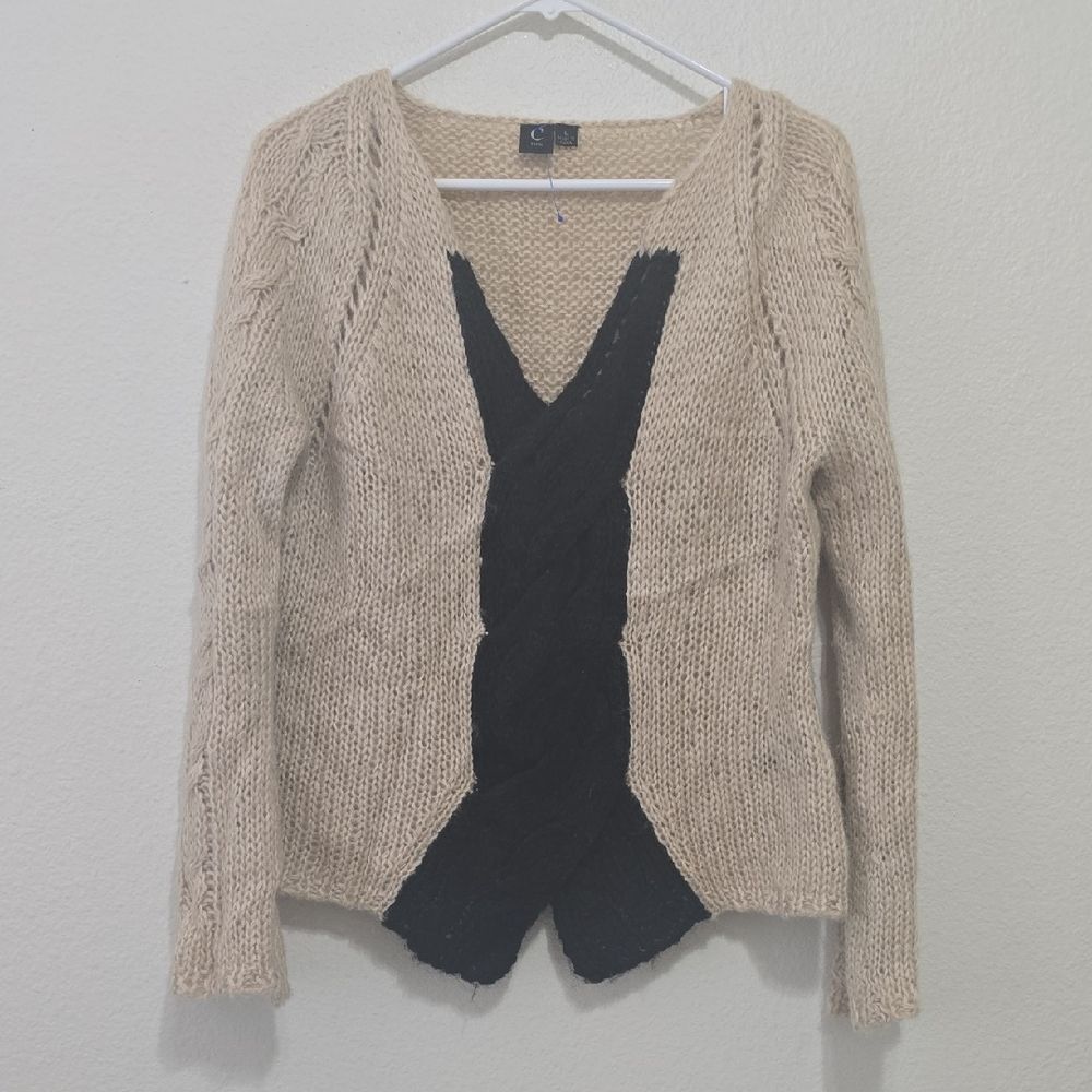 Capri Women's Beige Knit Sweater with Black Cable Accent L